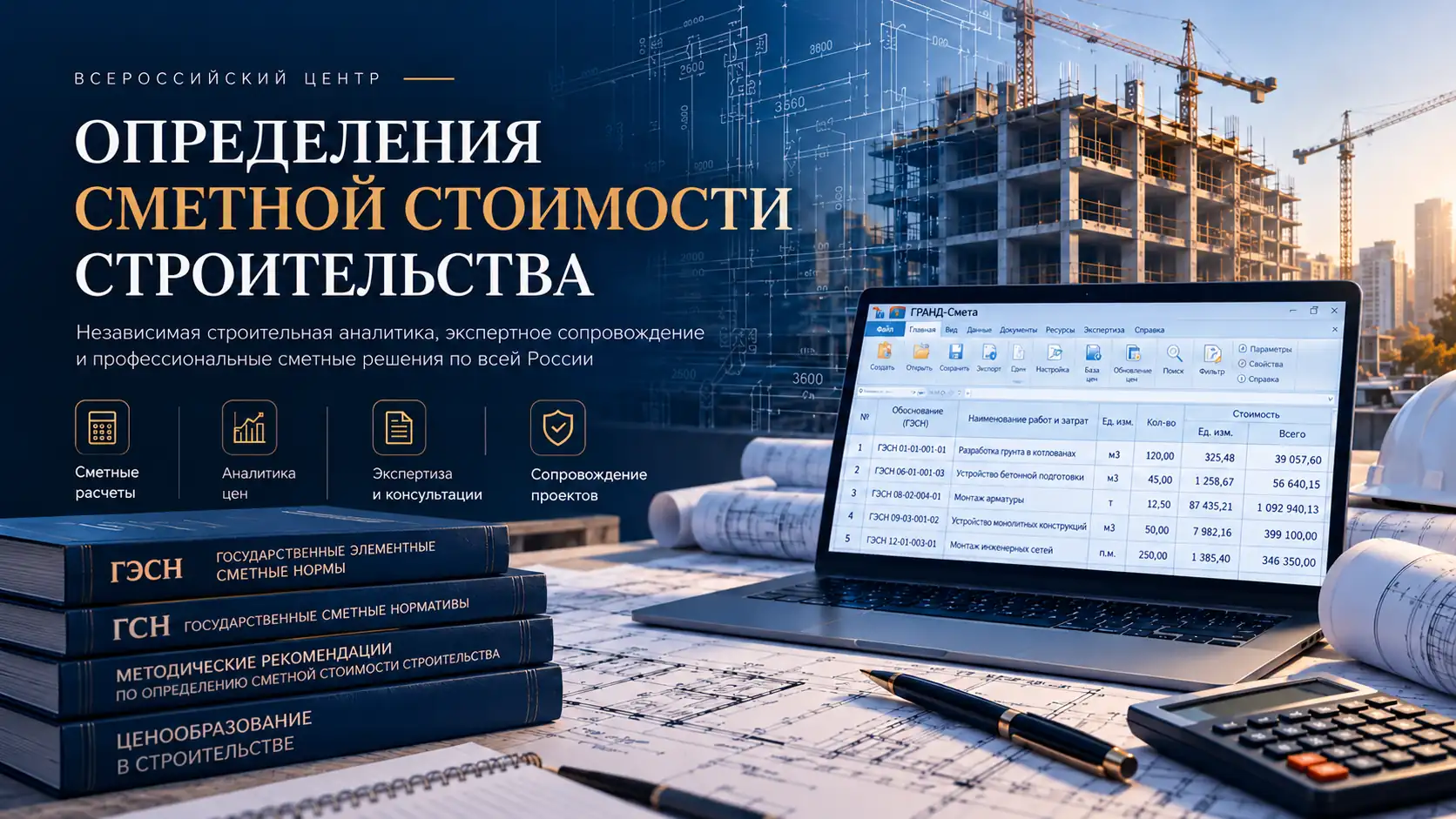 ГЭСН без года на нормативном сборнике, таблица ГЭСН на ноутбуке, архитектурные чертежи, калькулятор и строящийся объект